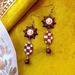 Folk Sun Face and Checkerboard Earrings